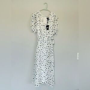 NWT! DKNY Midi White and Blue Polka Dots Wrap Dress with Puff Sleeves! Size 14W!